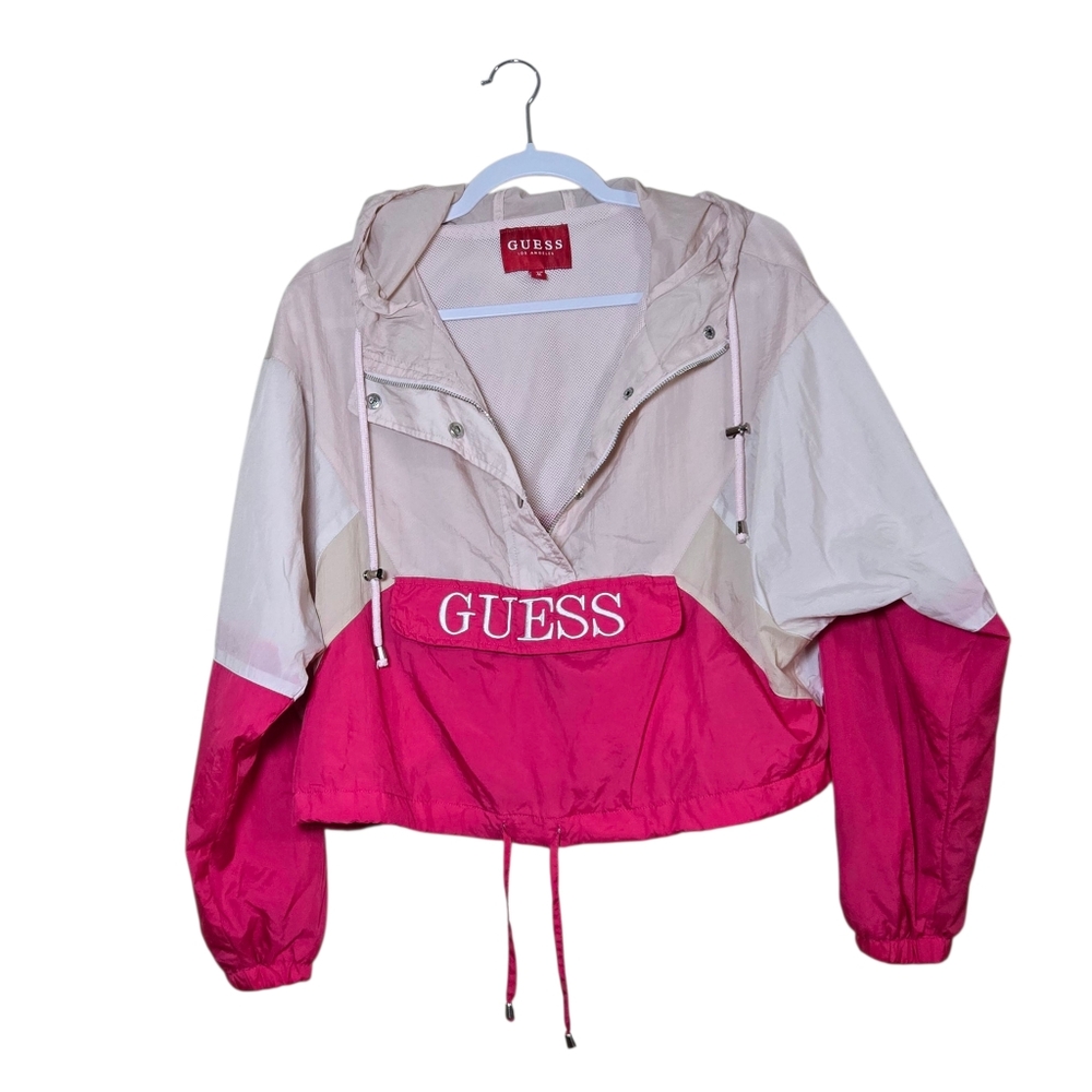 GUESS Vintage Vibrant Pink, Blush, and Cream Bomber Crop Jacket Size Medium